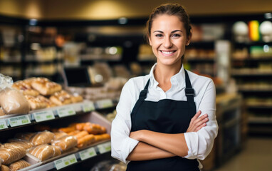 Smiling grocery store assistant with crossed arms in supermarket - obrazy, fototapety, plakaty