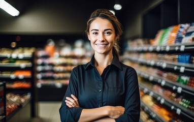 Smiling grocery store assistant with crossed arms in supermarket