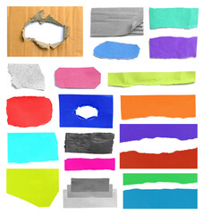 Collection of various vintage note rip paper on white background.