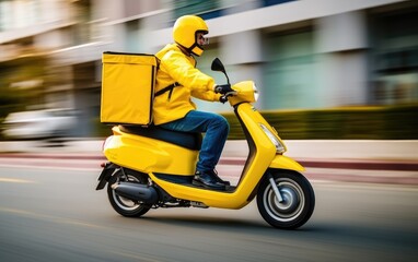 Fototapeta premium Food delivery man courier using on a scooter with a cube-shaped delivery bag moving fast to deliver address in the city