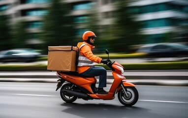 Food delivery man courier using on a scooter with a cube-shaped delivery bag moving fast to deliver address in the city