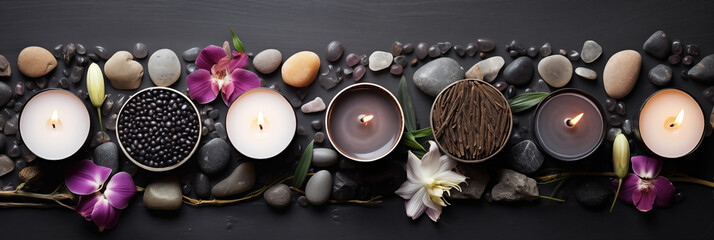 Aroma candles and accessory composition set, luxury design for spa hotel, beauty wellness. Mystical candles lit. Flat lay. Dark background. Exotic hot stone  massage treatment banner, border, frame