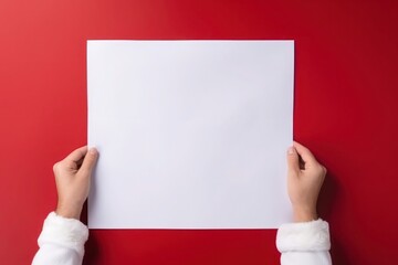 hands holding a sheet of white paper with copy space on red background