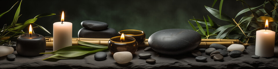 Fototapeta na wymiar Aroma candles, stones, bambo and accessory set in dark jungle, luxury design for spa hotel, beauty wellness, Thai salon. Mystical candles. Blurry background. Exotic hot stone massage treatment banner