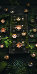 Aroma candles on mossy stone in jungle, luxury design for spa hotel, beauty wellness. Mystical candles lit. Flat lay. Dark background. Exotic oil massage treatment banner