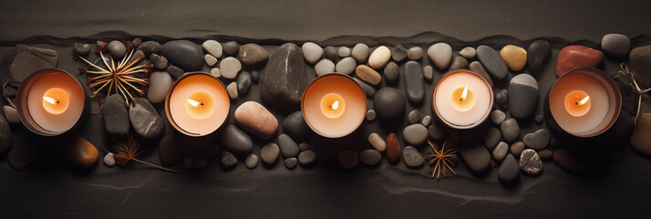 Aroma candles and accessory composition set, luxury design for spa hotel, beauty wellness, Thai salon. Mystical candles lit. Flat lay. Dark background. Exotic hot stone massage banner, border, frame