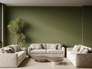 Premium living room olive color. Green walls, lounge furniture - ivory color sofas. Empty space for art or picture. Rich interior design hotel. Mockup luxury lounge or reception office. 3d render