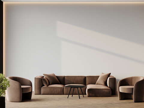 Brown sofa and light gray walls - minimal lounge room design. Chocolate colors trendy office, home. Premium livingroom with black accent. Scene background for mockup canvas, art or paint. 3d render