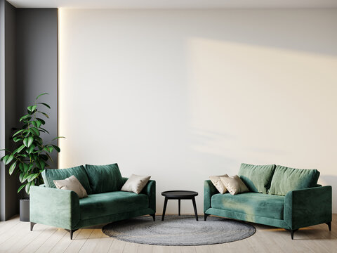 Premium living room. White walls, lounge furniture - emerald green color sofas. Empty space for art or picture. Rich minimal interior design. Mockup luxury lounge or reception office. 3d render