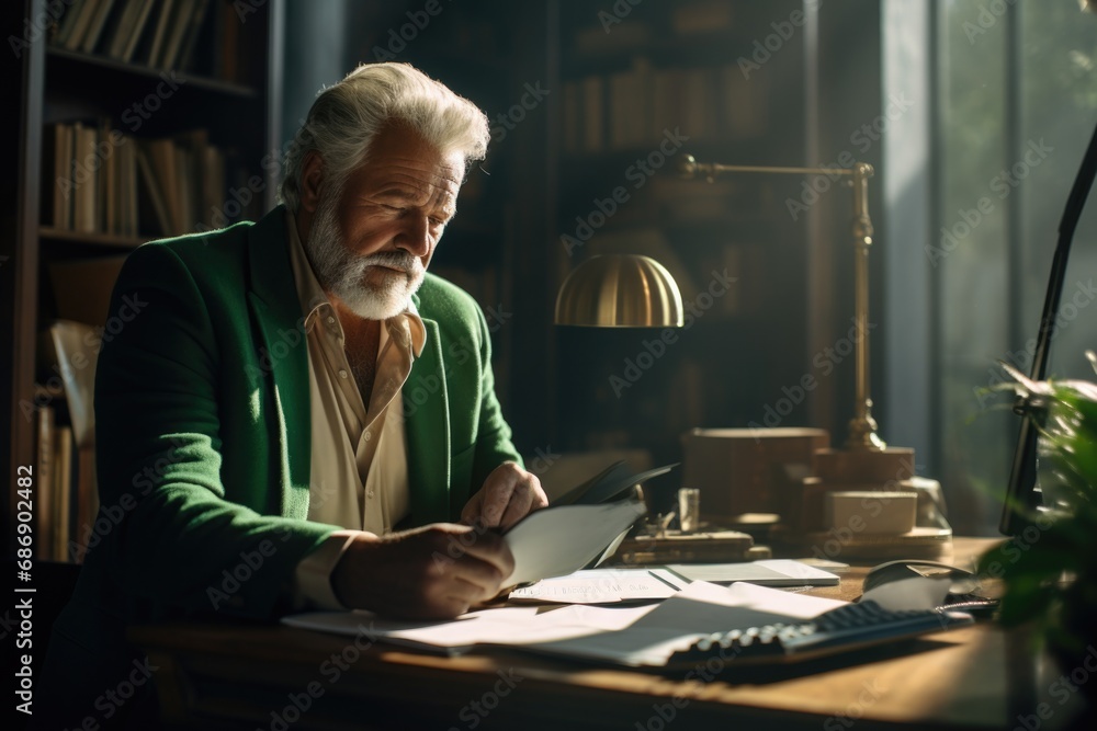 Poster a mature man sitting at a desk using a tablet computer. generative ai.