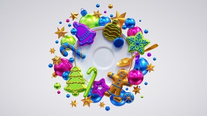 3d render, New Year flat lay over green background. White porcelain plate filled with Christmas glass and metallic ornaments. Festive clip art isolated on white background