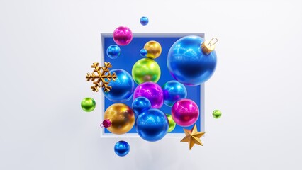 3d render, abstract square niche filled with assorted Christmas ornaments, pink blue and gold glass balls, star and metallic snowflakes. Seasonal festive clip art, isolated on white background