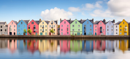 A row of colorful houses next to a body of water. Generative AI. - Powered by Adobe