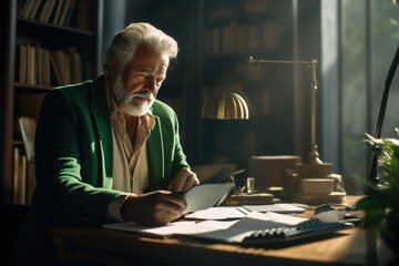 A mature man sitting at a desk using a tablet computer. Generative AI.