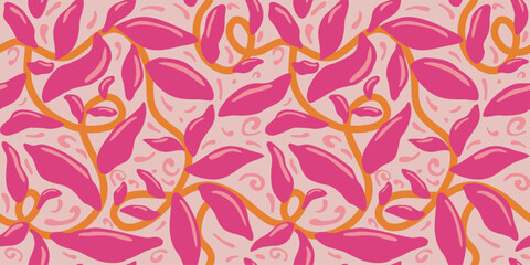 Seamless pattern with abstract pink tropical leaves, vector