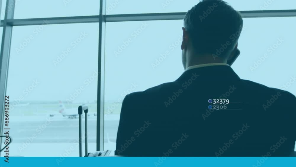 Poster animation of data processing against rear view of businessman talking on smartphone at an airport