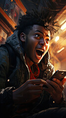  Excited young man with headphones playing a mobile game, brightly lit by the screen. Intense gaming expression in an urban night setting.