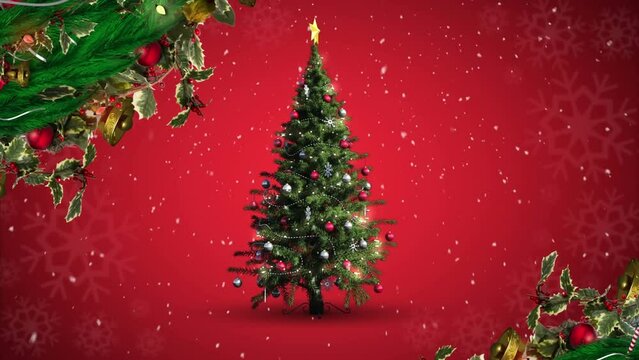 Animation of branches and snow falling over spinning christmas tree against red background