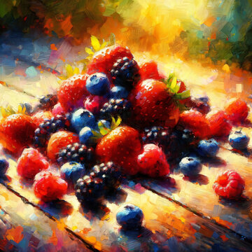 An impressionist-style painting of berries scattered on a sunlit table. The image features piles of strawberries, blueberries, raspberries, and blackberries