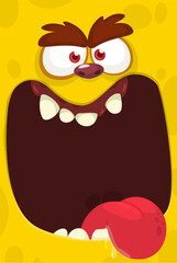 Funny cartoon monster face showing tongue.  Illustration of cute and happy monster character