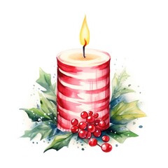 red christmas candle in watercolor on white background