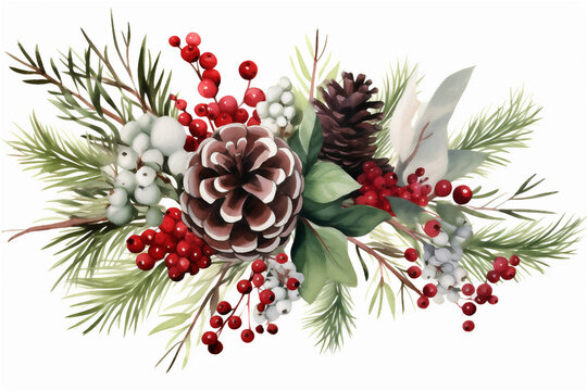 Christmas decoration Made of Pine Branches, pine cones, flowers and red berries painted on white background.
