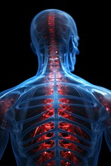 the most beautiful transparent blue human body showing the bone system and spine with a little red. generative AI