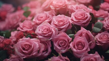 Beautiful bouquet of pink roses, flowers on a dark background, soft and romantic vintage filter, looking like an old painting