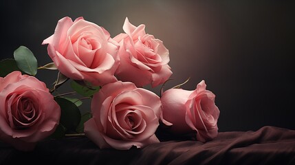 Beautiful bouquet of pink roses, flowers on a dark background, soft and romantic vintage filter, looking like an old painting