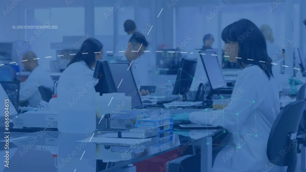 Poster animation of data processing over diverse scientists in laboratory