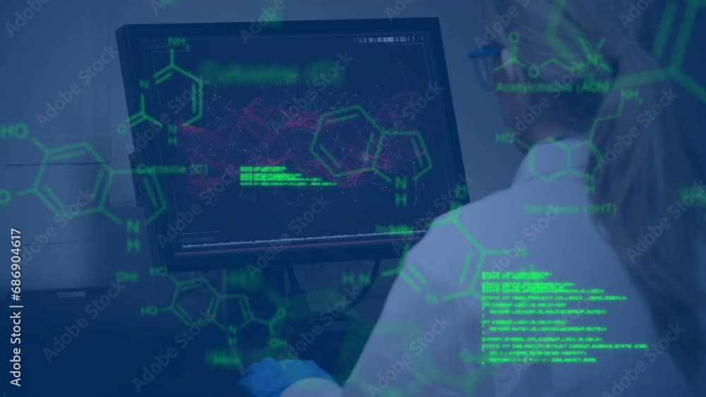 Poster animation of data processing over caucasian female scientist using computer in laboratory