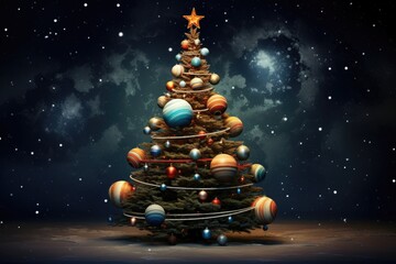 Tree decorated with planet-style balls on a starry background