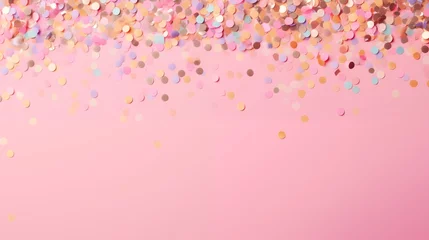 Foto op Aluminium Colorful Confetti and sparkles on pink pastel trendy background. Festive frame, holiday backdrop. Flat lay, copy space. © mattegg
