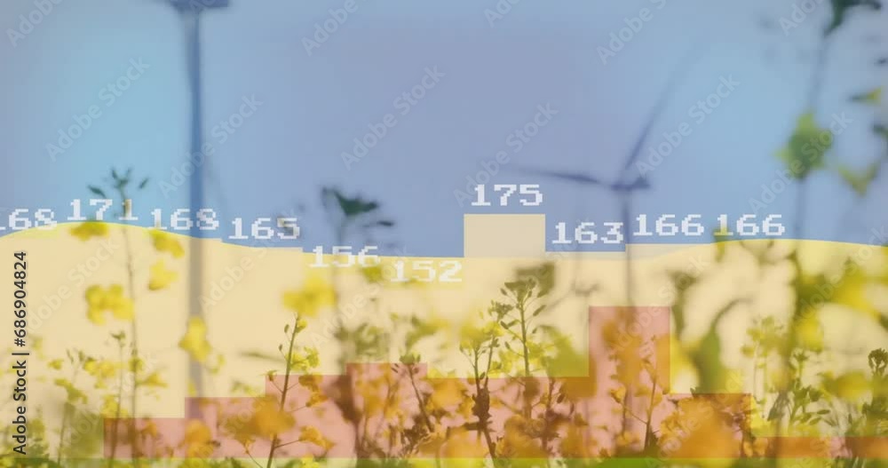 Poster animation of data processing and diagrams over flag of ukraine and wind turbines
