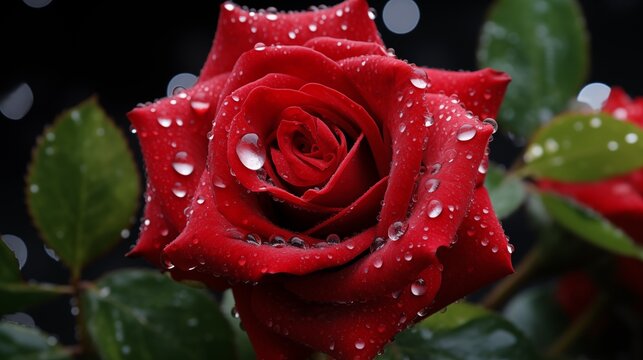 A close up of a red rose with water droplets