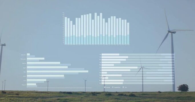Animation of data processing and diagrams over wind turbines on field