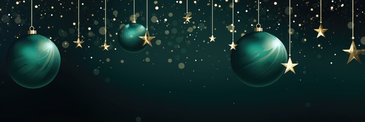 Green Christmas balls with golden stars on a dark background