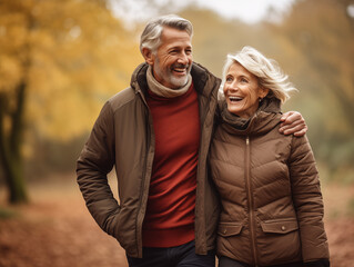 Middle-aged couple smiling and enjoying life, walking in the park