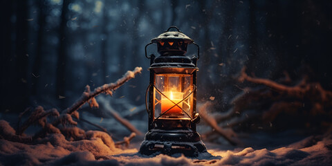Christmas background with lantern Illustration, Lantern in winter with snow on ground in the style of depictions of inclement weather. Generative Ai