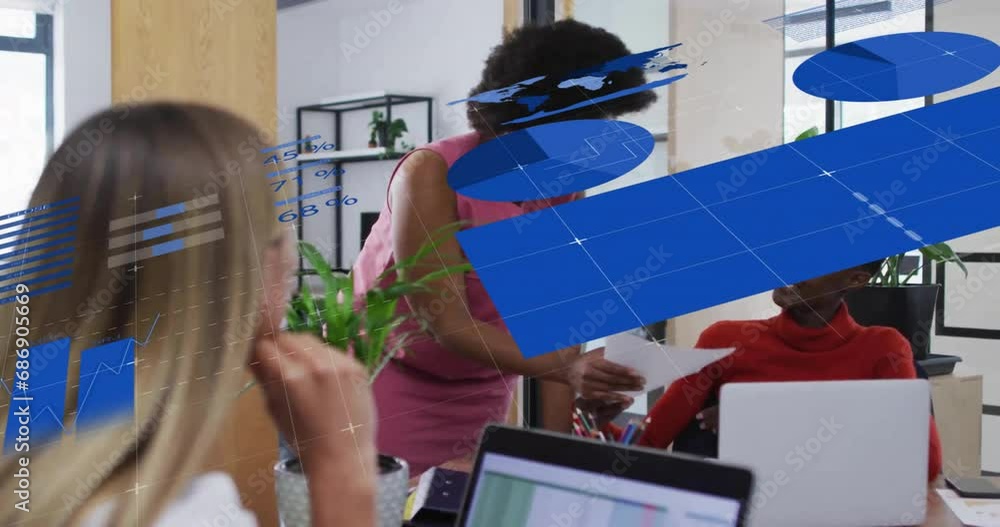Poster animation of data processing and diagrams over diverse business people talking in office