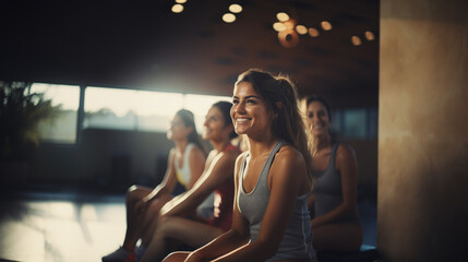 Fototapeta na wymiar four women on gym bench, wearing sports bras and shorts, smiling, engaged in group exercise. diverse and inclusive atmosphere, conveying camaraderie, happiness, and positivity.