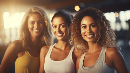 Fototapeta premium three women in brightly lit room, wearing sports bras, smiling, and engaging in group exercise or dance class. positive, energetic atmosphere with diverse participants.
