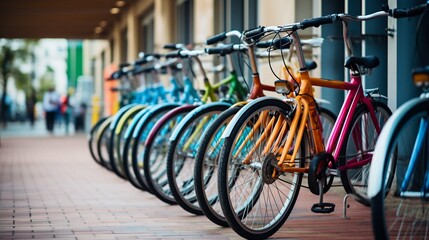 Obraz premium Colorful Bicycles Parked in a Row on Urban Sidewalk. Generative ai