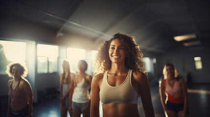 group of women in gym, wearing sports bras, focus on young woman with curly hair in white sports bra - obrazy, fototapety, plakaty
