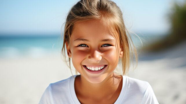 smiling girl in white shirt on sandy beach, enjoying relaxed and fun atmosphere. captures happiness and contentment in beach setting.