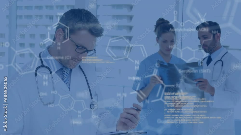 Poster animation of shapes and data processing over caucasian doctors talking
