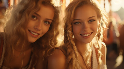 Fototapeta premium two young women with blonde hair, smiling and enjoying time together, standing close in a joyful scene with carousel in the background, lively and cheerful atmosphere