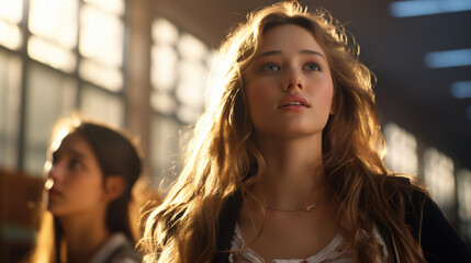 Fototapeta premium young woman with long, curly hair in white shirt, looking upward with thoughtful expression, contemplative and introspective mood