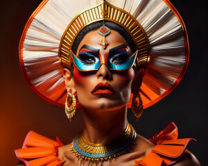 Portrait of a drag queen with an outfit inspired by extravagance, movement, and the colors white and orange