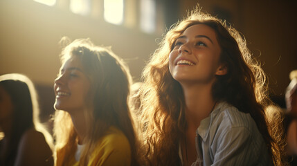 university or high school students in class, happy girls in joyful moment with long hair, smiling at lively event, surrounded by positive energy and delightful experience